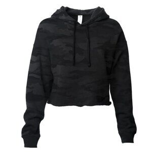 Women’s Large Black Camo Cropped Hooded Pullover Sweatshirt, Soft Premium Cotton